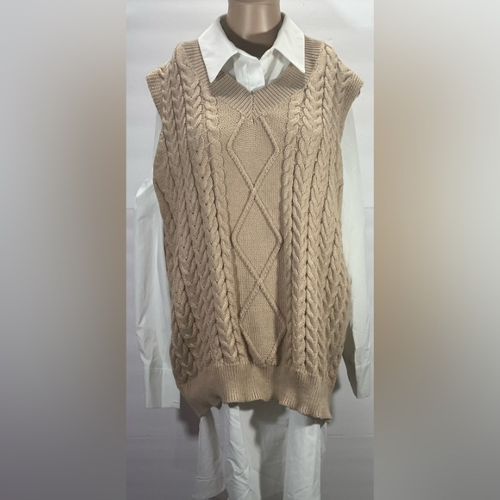 SHEIN Tan Cable Knit V-Neck Sweater Vest Emery Rose